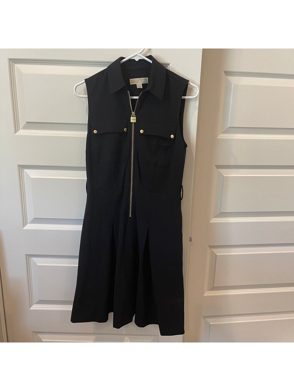 Michael Kors Sleeveless Black Dress with Front Zipper and Gold Accents